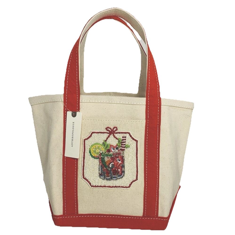 Anthropologie Hartley Canvas Tote Bloody Mary Cherry Red 9"x12.25" Beaded NWT